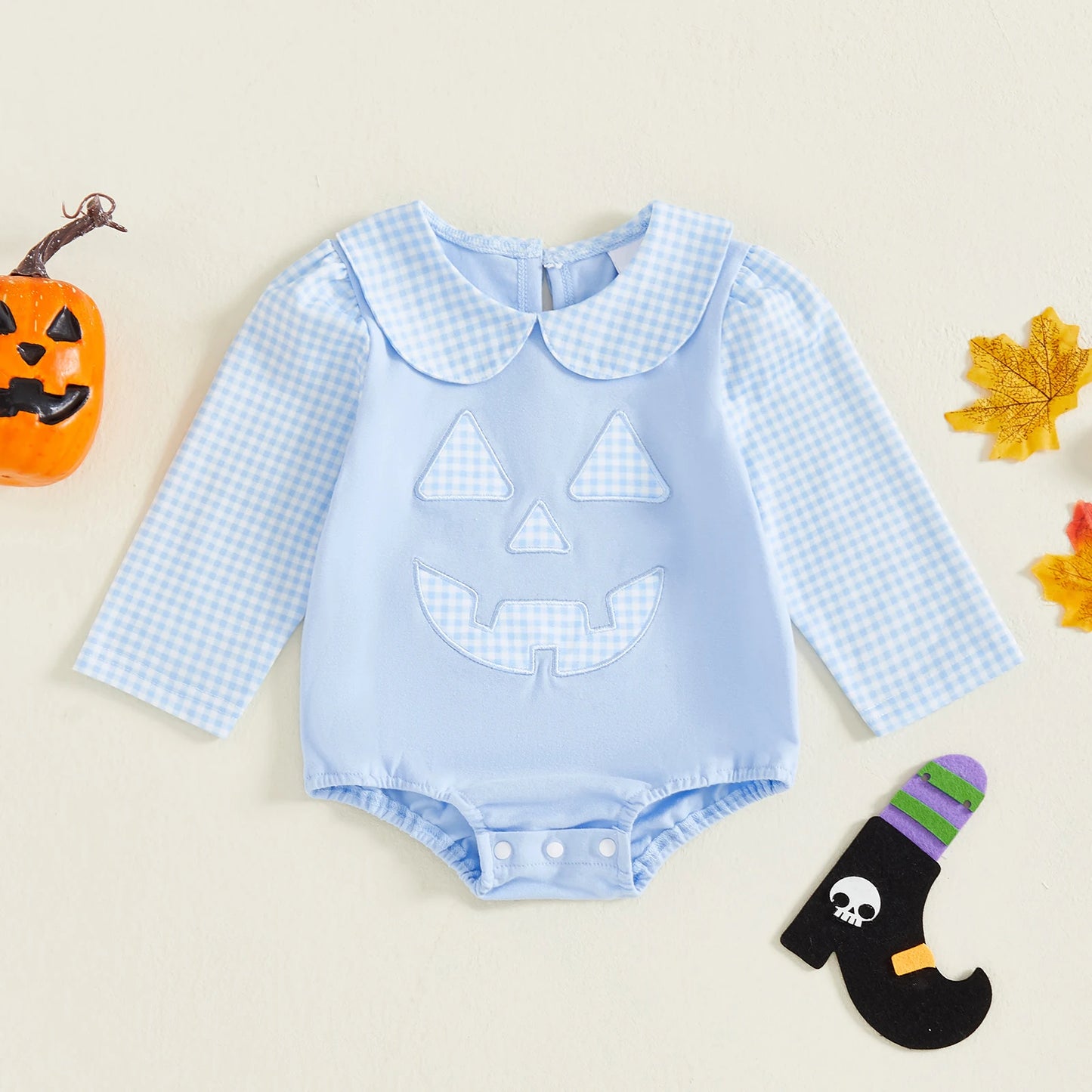 Infant Baby Halloween Romper | Long Sleeve Plaid Print Jumpsuit with Doll Collar | Cute Fall Outfit for Newborns & Toddlers