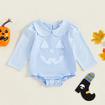 Infant Baby Halloween Romper | Long Sleeve Plaid Print Jumpsuit with Doll Collar | Cute Fall Outfit for Newborns & Toddlers