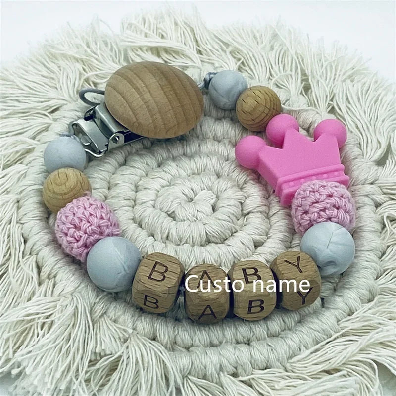 Custom Name Baby Pacifier Clip | Silicone Beads Flower Ring Teething Chain | Eco-Friendly Beech Wood Dummy Holder