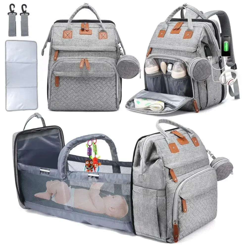 Portable Baby Diaper Bag with Changing Station – Travel Bassinet, Folding Crib, Shade Cloth & Waterproof Changing Pad