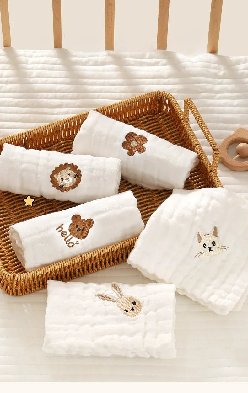 Baby Saliva Towels – 6 Layer Cotton Embroidered Washcloths | Soft Hand & Face Wipes, Burp Cloths, Bibs for Newborns & Toddlers