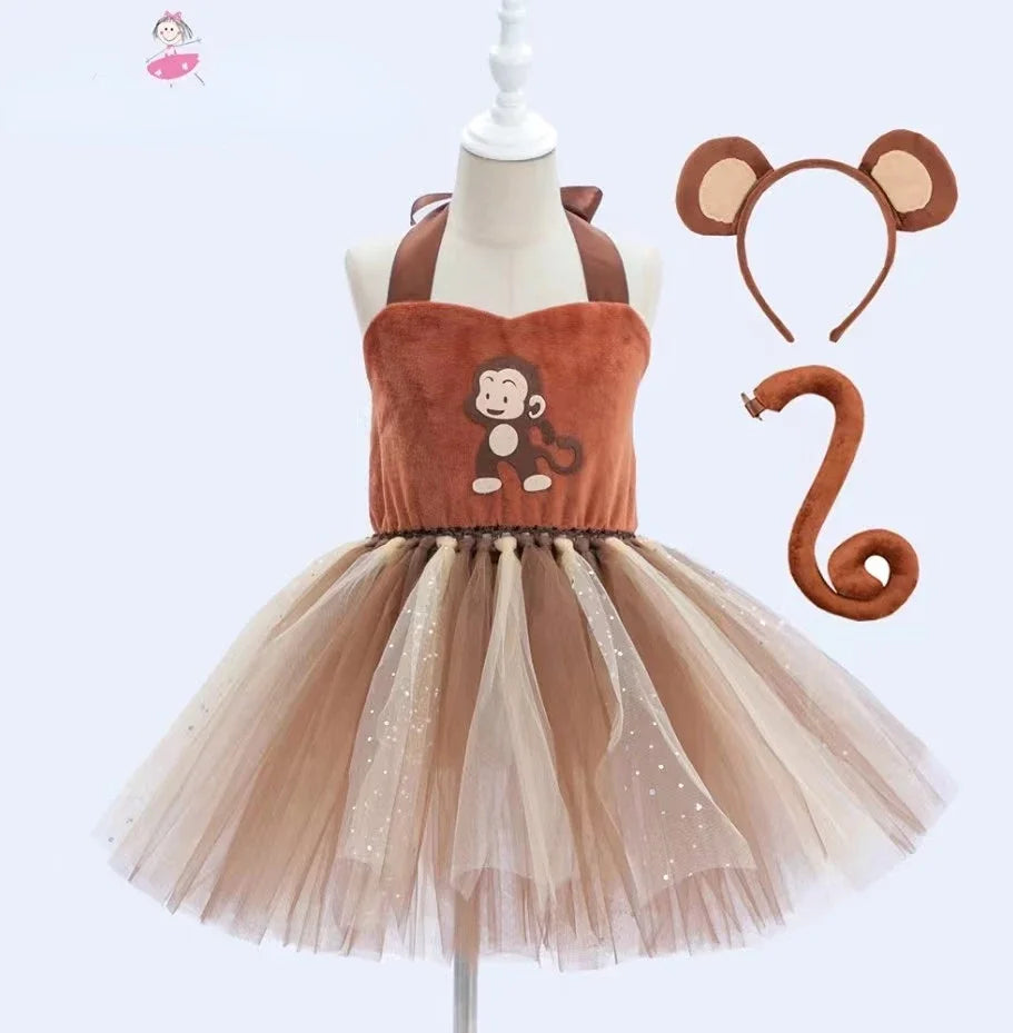 Baby Girls Halloween Animal Cosplay Costume | Kids Forest Theme Giraffe, Cow, Tiger, Leopard, Zebra Tutu Dress | Birthday & Party Outfit