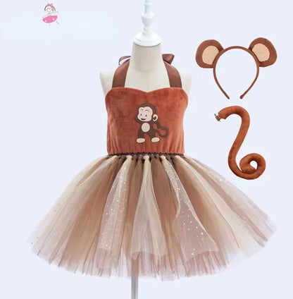 Baby Girls Halloween Animal Cosplay Costume | Kids Forest Theme Giraffe, Cow, Tiger, Leopard, Zebra Tutu Dress | Birthday & Party Outfit