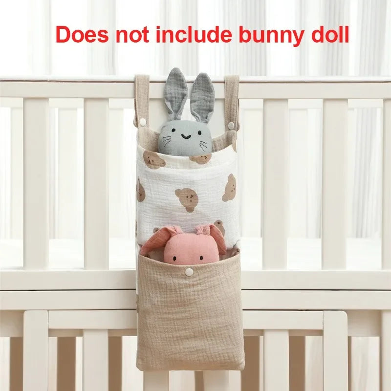 Baby Bed Hanging Storage Bag | Cotton Crib Organizer with Diaper & Toy Pockets | Newborn Bedding Accessories