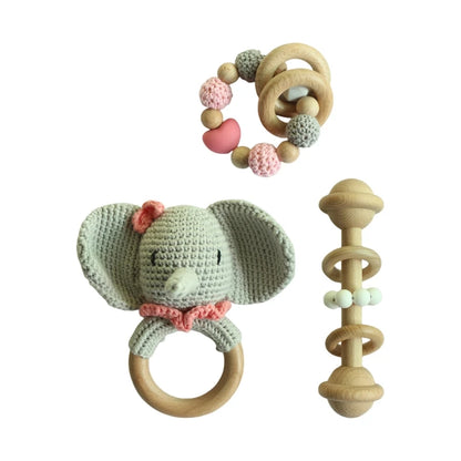 Handmade Crochet Baby Deer & Rabbit Stuffed Dolls with Wooden Teething Ring and Pacifier Chain Clips – Newborn Bunny Rattle Toy, 3 or 4 pcs Set