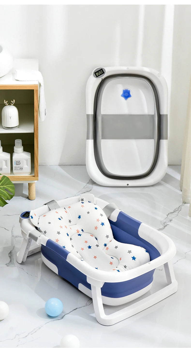 Real-time Temperature Silicone Baby Bathtub – Folding Non-Slip Infant Bath Bucket with Temperature Sensing for Safe Bathing