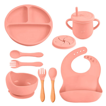 Mother Kids 8PCS Baby Silicone Feeding Set – Bib, Suction Plate, Anti-Slip Bowl, Spoon, Cup & Tableware for Infants & Toddlers
