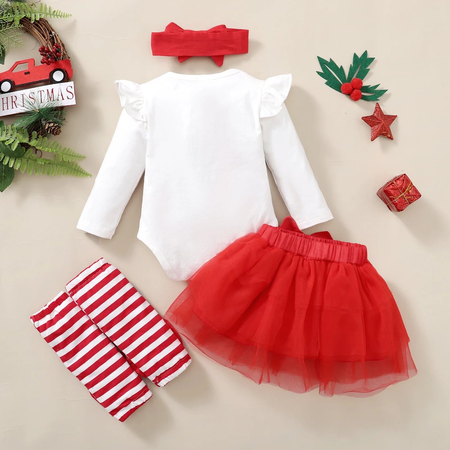 Baby Girl Christmas Outfit Set | Santa Claus Print Bodysuit + Tulle Skirt + Headband + Socks (0–18 Months)