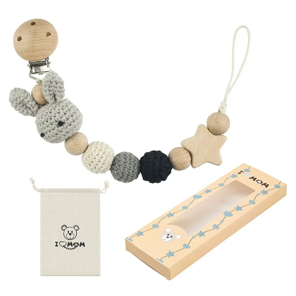 Baby Wooden Pacifier Clip | Crochet Cartoon Teething Soother Chain | BPA-Free Nursing Dummy Holder for Infants