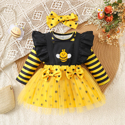 Baby Girl Bee Halloween Costume Set | Infant Romper + Tulle Suspender Dress | Newborn & Toddler Party Outfit