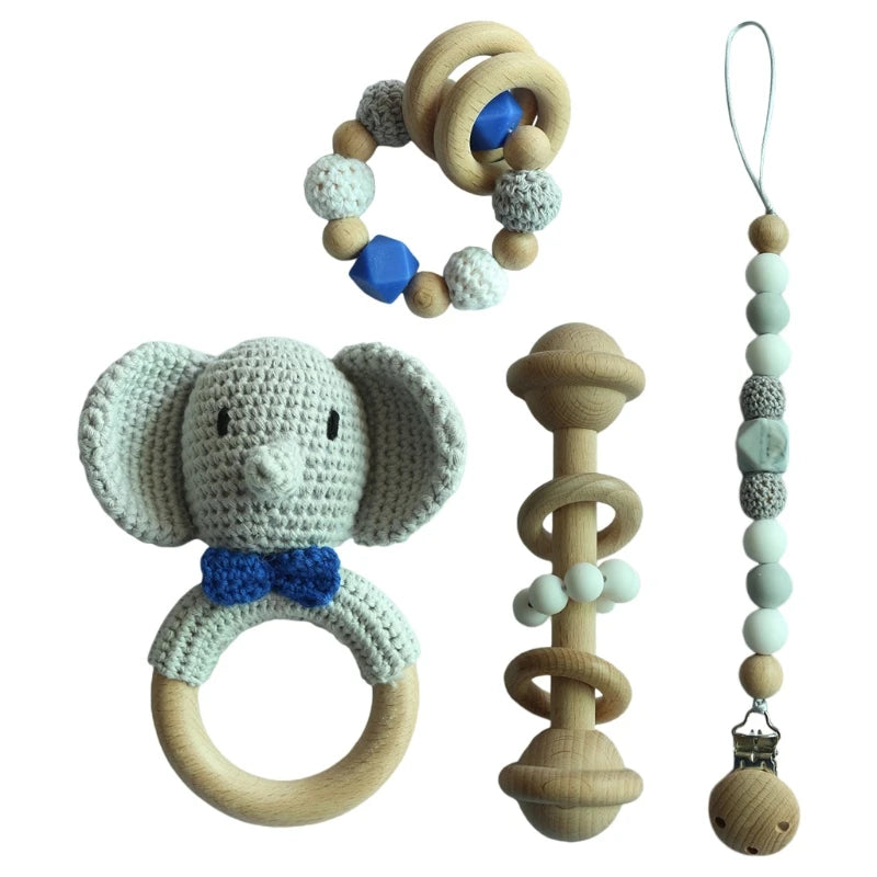 Handmade Crochet Baby Deer & Rabbit Stuffed Dolls with Wooden Teething Ring and Pacifier Chain Clips – Newborn Bunny Rattle Toy, 3 or 4 pcs Set