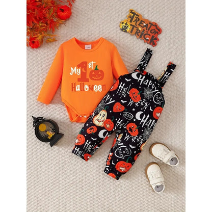 Baby Halloween Outfit 2PCS Set | Pumpkin Romper + Strappy Pants | Infant Boys & Girls Costume Clothes (0–2 Years)