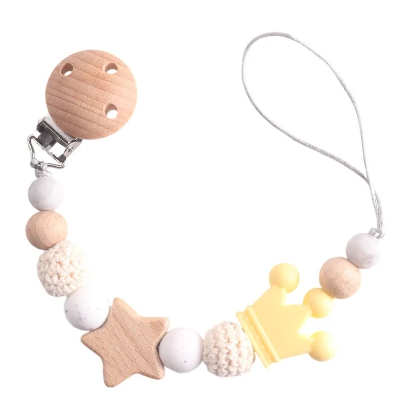 Baby Pacifier Chain Clip | Wooden Pentagram Teether with Silicone Round Beads | Safe Teething Chain & Soother Holder