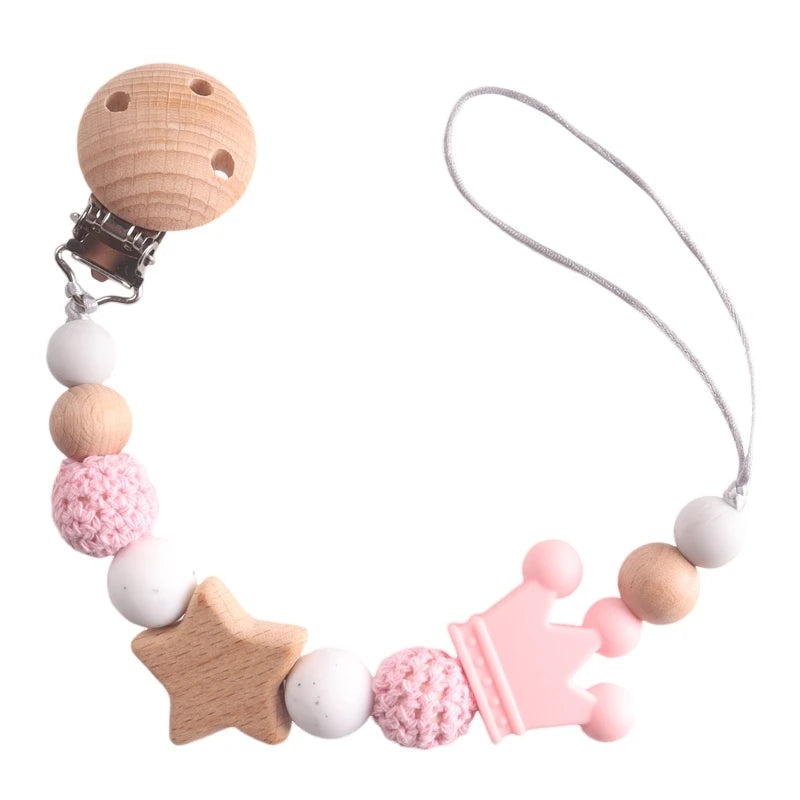 Baby Pacifier Chain Clip | Wooden Pentagram Teether with Silicone Round Beads | Safe Teething Chain & Soother Holder