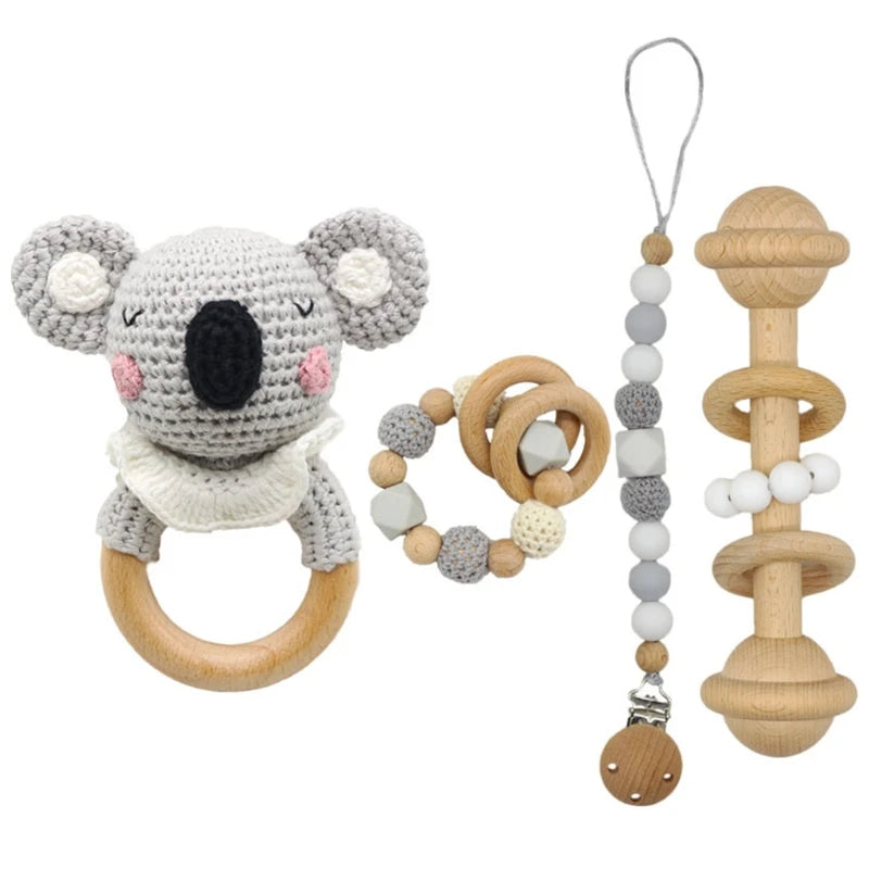 Handmade Crochet Baby Deer & Rabbit Stuffed Dolls with Wooden Teething Ring and Pacifier Chain Clips – Newborn Bunny Rattle Toy, 3 or 4 pcs Set