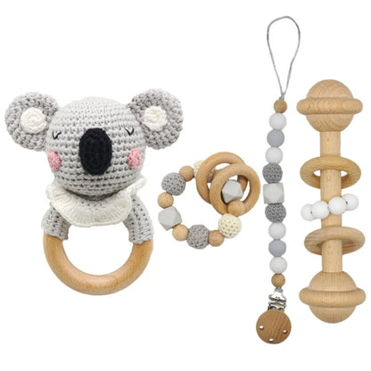 Handmade Crochet Baby Deer & Rabbit Stuffed Dolls with Wooden Teething Ring and Pacifier Chain Clips – Newborn Bunny Rattle Toy, 3 or 4 pcs Set