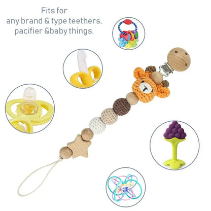 Baby Wooden Pacifier Clip | Crochet Cartoon Teething Soother Chain | BPA-Free Nursing Dummy Holder for Infants