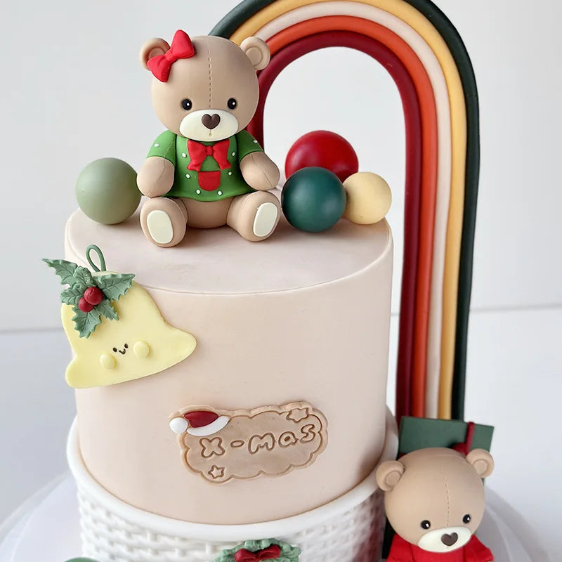 Christmas Cake Topper Set | Bear Doll Ornaments, Red Sweater & Green Shirt, Rainbow Arch & Gift Box | Holiday Party Cake Decorations