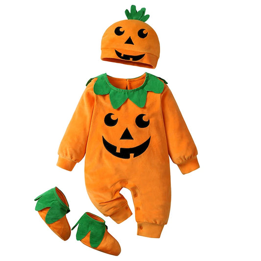 Baby Halloween Pumpkin Costume | Infant Romper 3PCS Onesie Outfit | Newborn Cosplay Party Clothing Set