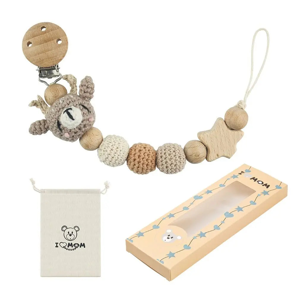 Baby Wooden Pacifier Clip | Crochet Cartoon Teething Soother Chain | BPA-Free Nursing Dummy Holder for Infants