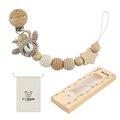 Baby Wooden Pacifier Clip | Crochet Cartoon Teething Soother Chain | BPA-Free Nursing Dummy Holder for Infants
