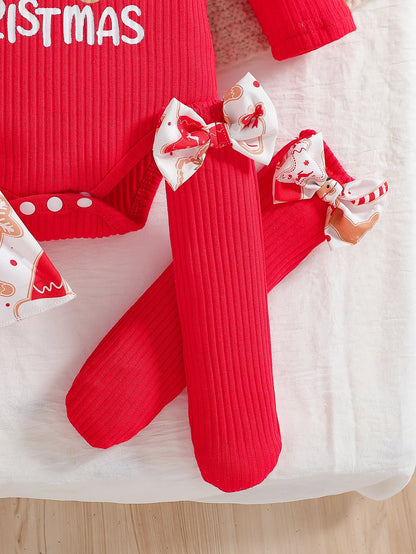 Baby Girl Christmas Outfit Set | Ruffled Long Sleeve Jumpsuit + Suspender Romper + Bow Socks + Headband | Cute Holiday Costume