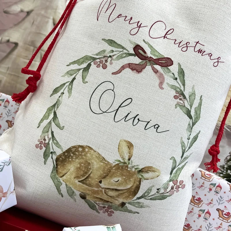 Personalised Baby’s 1st Christmas 2025 Santa Sack | Woodland Animal Fawn Deer Gift Bag