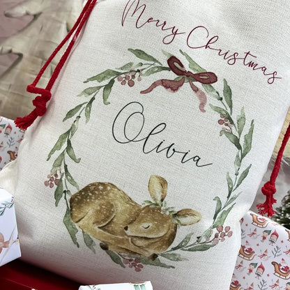 Personalised Baby’s 1st Christmas 2025 Santa Sack | Woodland Animal Fawn Deer Gift Bag
