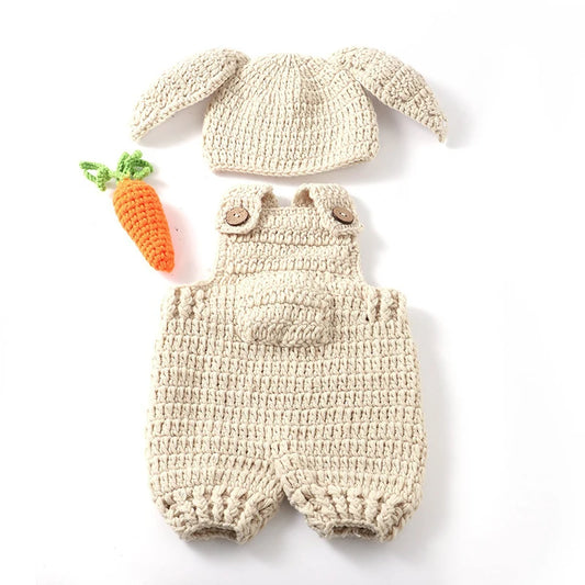 Baby Christmas Photography Outfit | Newborn Knitted Rabbit Hat, Overalls & Carrot Prop | Infant Photoshoot Costume Set