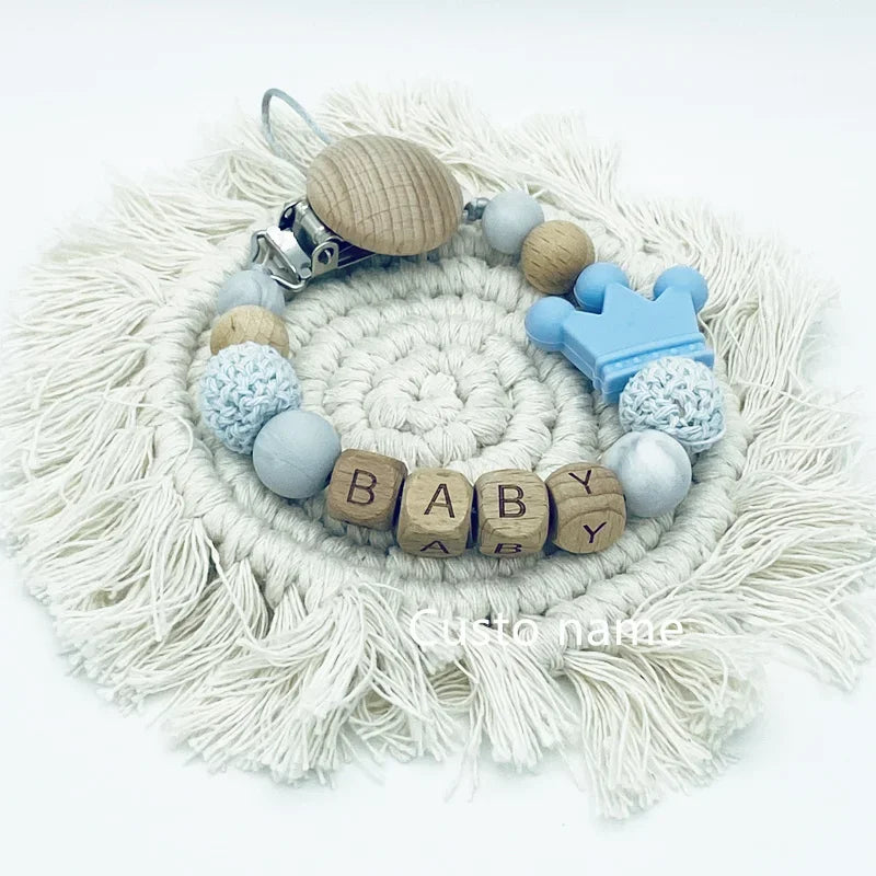 Custom Name Baby Pacifier Clip | Silicone Beads Flower Ring Teething Chain | Eco-Friendly Beech Wood Dummy Holder