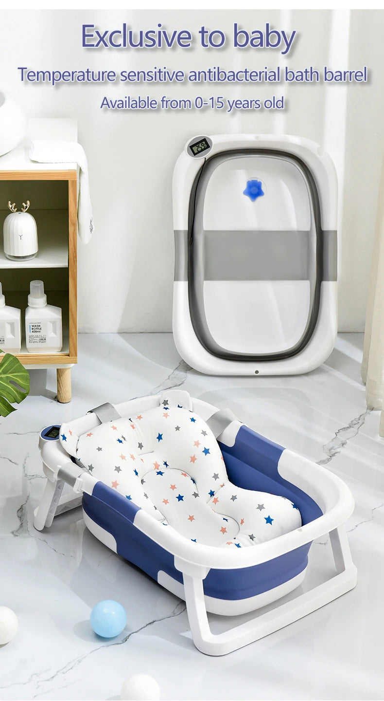 Real-time Temperature Silicone Baby Bathtub – Folding Non-Slip Infant Bath Bucket with Temperature Sensing for Safe Bathing