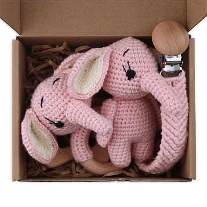 Handmade Crochet Baby Deer & Rabbit Stuffed Dolls with Wooden Teething Ring and Pacifier Chain Clips – Newborn Bunny Rattle Toy, 3 or 4 pcs Set
