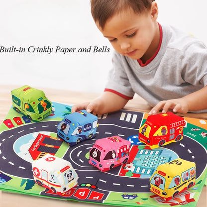 Baby Montessori Soft Car Toy with Map Game Mat & Cloth Book – Sensory Training & Educational Toy Storage Bag for Toddlers