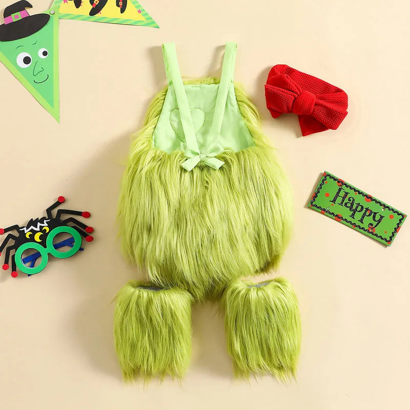 Halloween Newborn Baby Bodysuit Outfit | Sleeveless Heart Applique Jumpsuit + Bow Headband + Leg Warmers | Baby Girl & Boy Clothes
