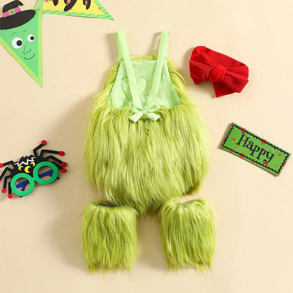 Halloween Newborn Baby Bodysuit Outfit | Sleeveless Heart Applique Jumpsuit + Bow Headband + Leg Warmers | Baby Girl & Boy Clothes