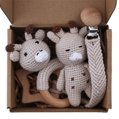 Crochet Bunny Baby Teether & Rattle Set | Beech Wooden Teething Ring + Pacifier Clip | Newborn Montessori Educational Toy