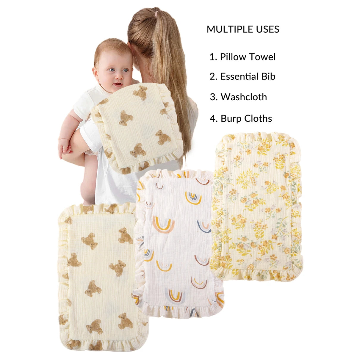 100% Cotton 4-Layer Baby Burp Cloths – Soft & Absorbent Large Muslin Washcloths | Newborn Burping Rags & Infant Essentials (3 Pack)
