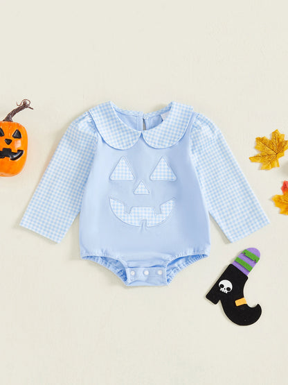 Infant Baby Halloween Romper | Long Sleeve Plaid Print Jumpsuit with Doll Collar | Cute Fall Outfit for Newborns & Toddlers