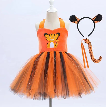 Baby Girls Halloween Animal Cosplay Costume | Kids Forest Theme Giraffe, Cow, Tiger, Leopard, Zebra Tutu Dress | Birthday & Party Outfit