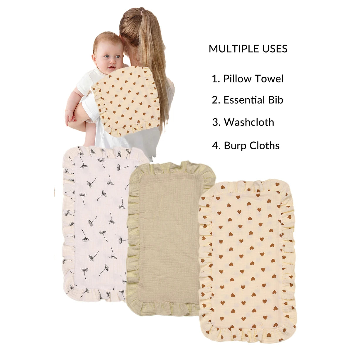 100% Cotton 4-Layer Baby Burp Cloths – Soft & Absorbent Large Muslin Washcloths | Newborn Burping Rags & Infant Essentials (3 Pack)