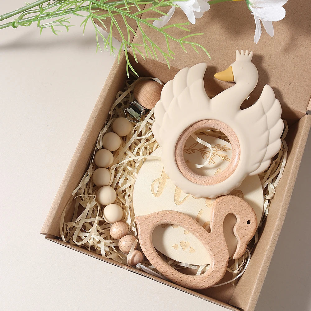 4pcs Baby Gift Set – Swan Teether, Baby Bibs, Flamingo Pacifier Chain & Rattle | Newborn Teething Toy & Photography Props