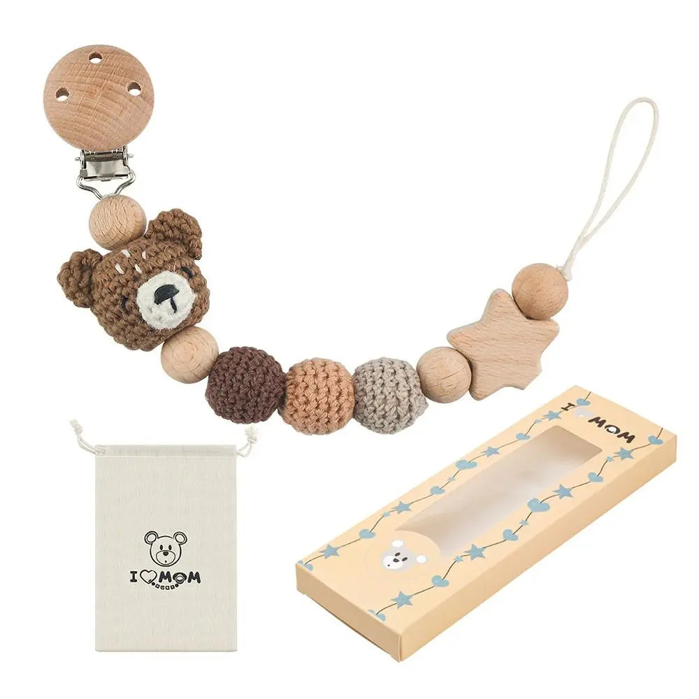 Baby Wooden Pacifier Clip | Crochet Cartoon Teething Soother Chain | BPA-Free Nursing Dummy Holder for Infants