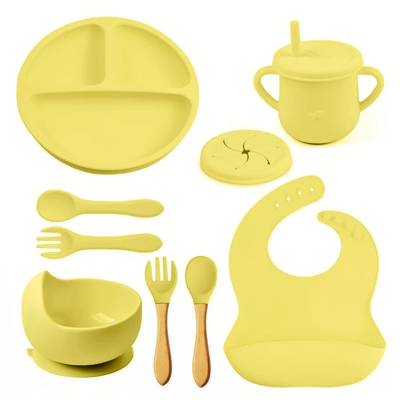 Mother Kids 8PCS Baby Silicone Feeding Set – Bib, Suction Plate, Anti-Slip Bowl, Spoon, Cup & Tableware for Infants & Toddlers