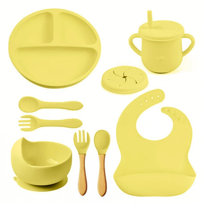 Mother Kids 8PCS Baby Silicone Feeding Set – Bib, Suction Plate, Anti-Slip Bowl, Spoon, Cup & Tableware for Infants & Toddlers