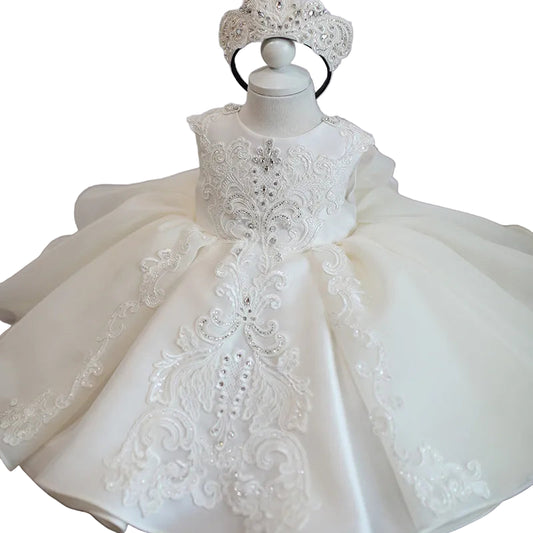 Baby Girl Elegant Dress | White & Pink Princess Outfit | 1st Birthday, Baptism, Christmas & Christening Party Dress