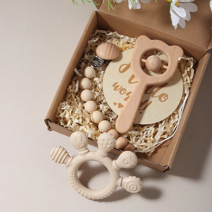 Baby bibs Gift Set With hand Teething Pacifier Chain wooden bear Rattle  New Born Baby Teether Set