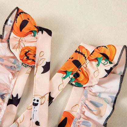 Pumpkin Baby Girl Halloween Outfit | Infant Long Sleeve Bodysuit + Suspender Skirt with Bow | My First Halloween Costume