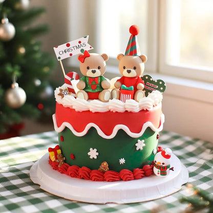 Christmas Cake Topper Set | Bear Doll Ornaments, Red Sweater & Green Shirt, Rainbow Arch & Gift Box | Holiday Party Cake Decorations