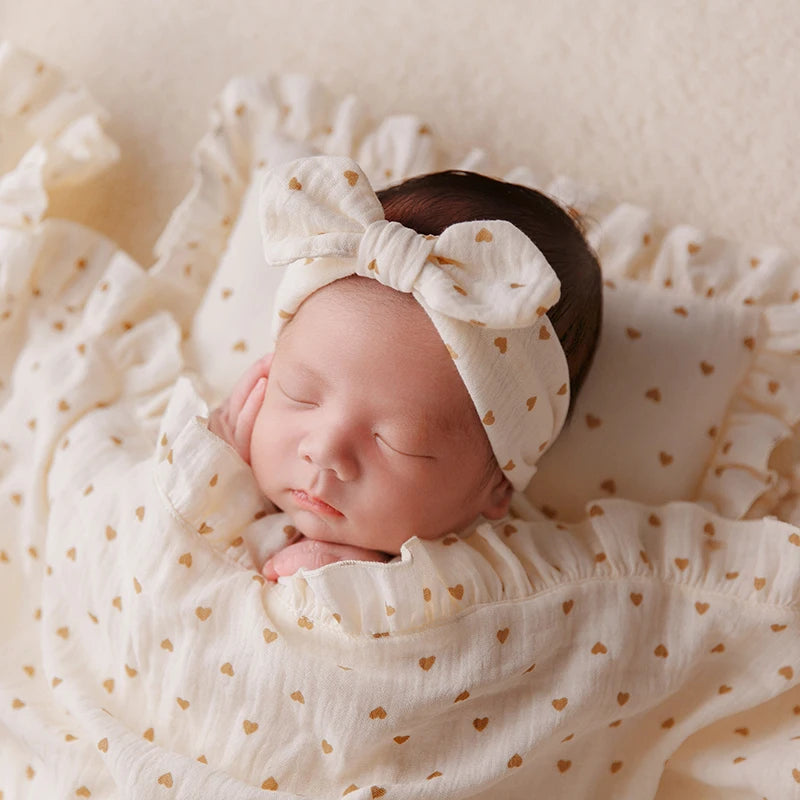Newborn Photography Wrap & Backdrop Set – Soft Beige Blanket with Pocket, Bow Headband & Pillow | Baby Photo Shoot Props (0–1 Month)