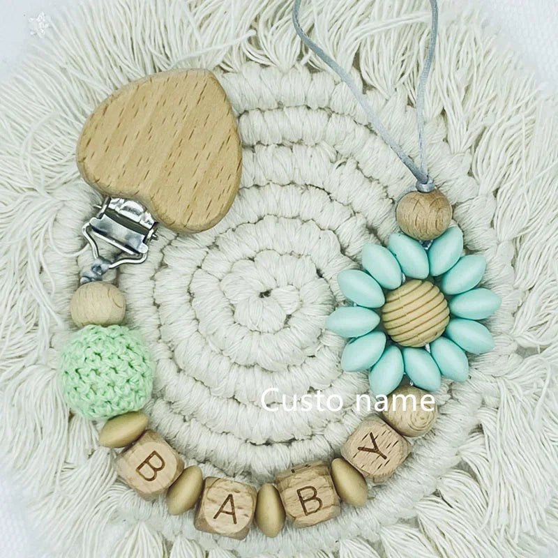 Custom Name Baby Pacifier Clip | Silicone Beads Flower Ring Teething Chain | Eco-Friendly Beech Wood Dummy Holder